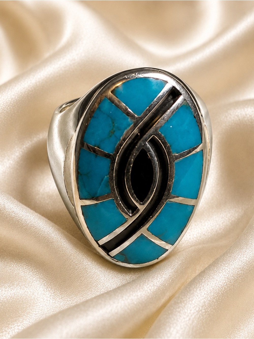 Vintage Zuni Sterling Silver Turquoise & Jet Inlay Statement Ring Size 12.5 23g